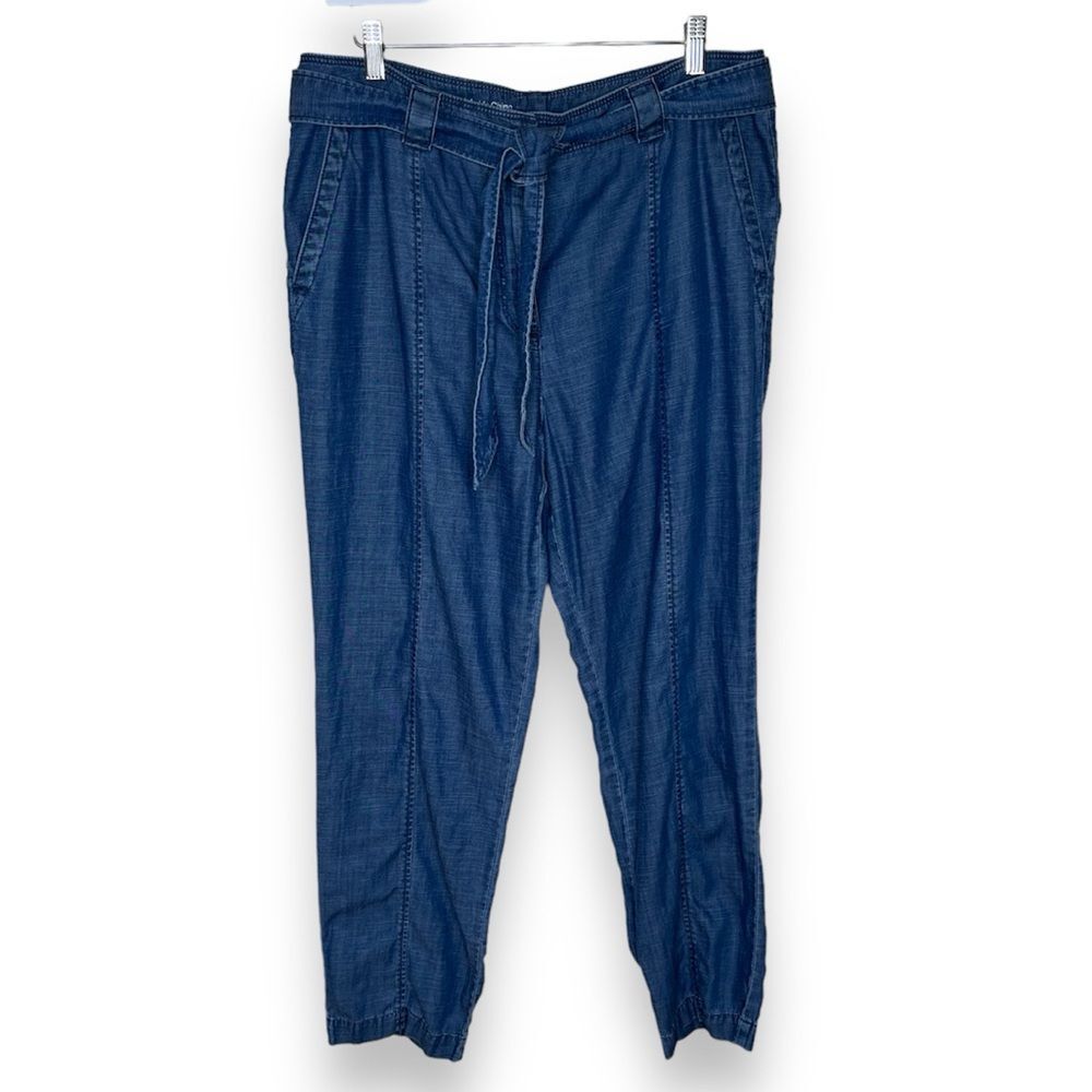 Talbots Tie Waist Ankle Chino Chambray Blue Lyocell Linen Slim Leg Pant Women 12